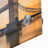 Mid-century modernist art of Thames River in muted blue and gray tones on acrylic glass, suitable for dining room art.