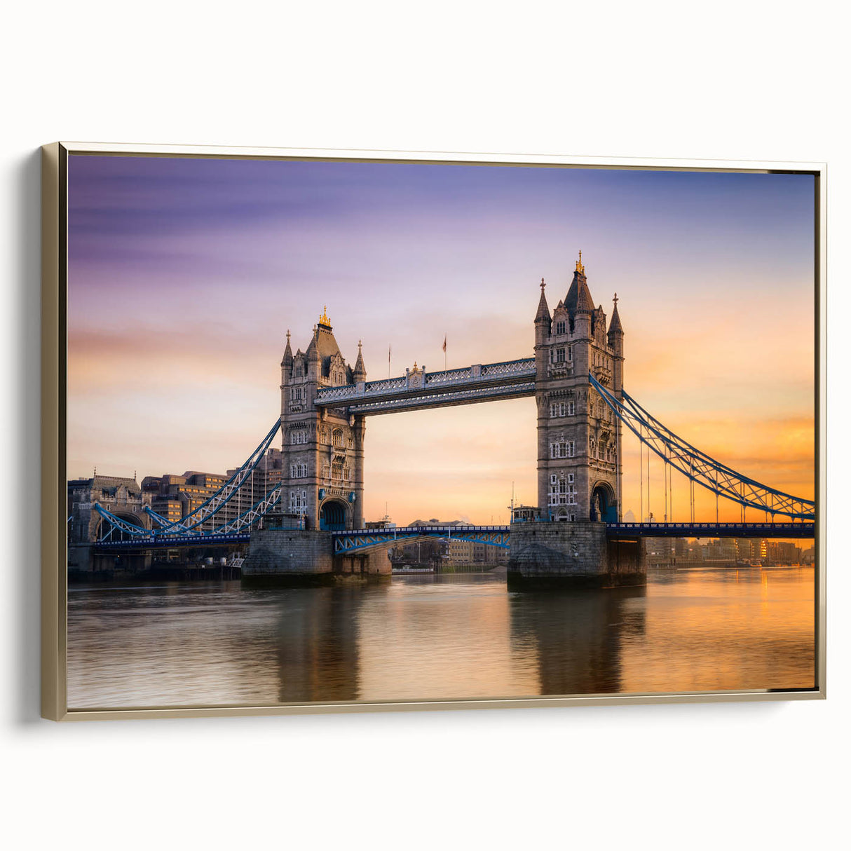 Landscape painting of the Thames River, in muted gold and black tones on a framed canvas, ideal for bedroom wall decor.