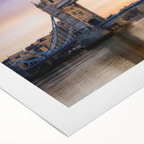 Art deco poster of the Thames River in muted blue and gray tones on rolled canvas, suitable for dining room wall art.