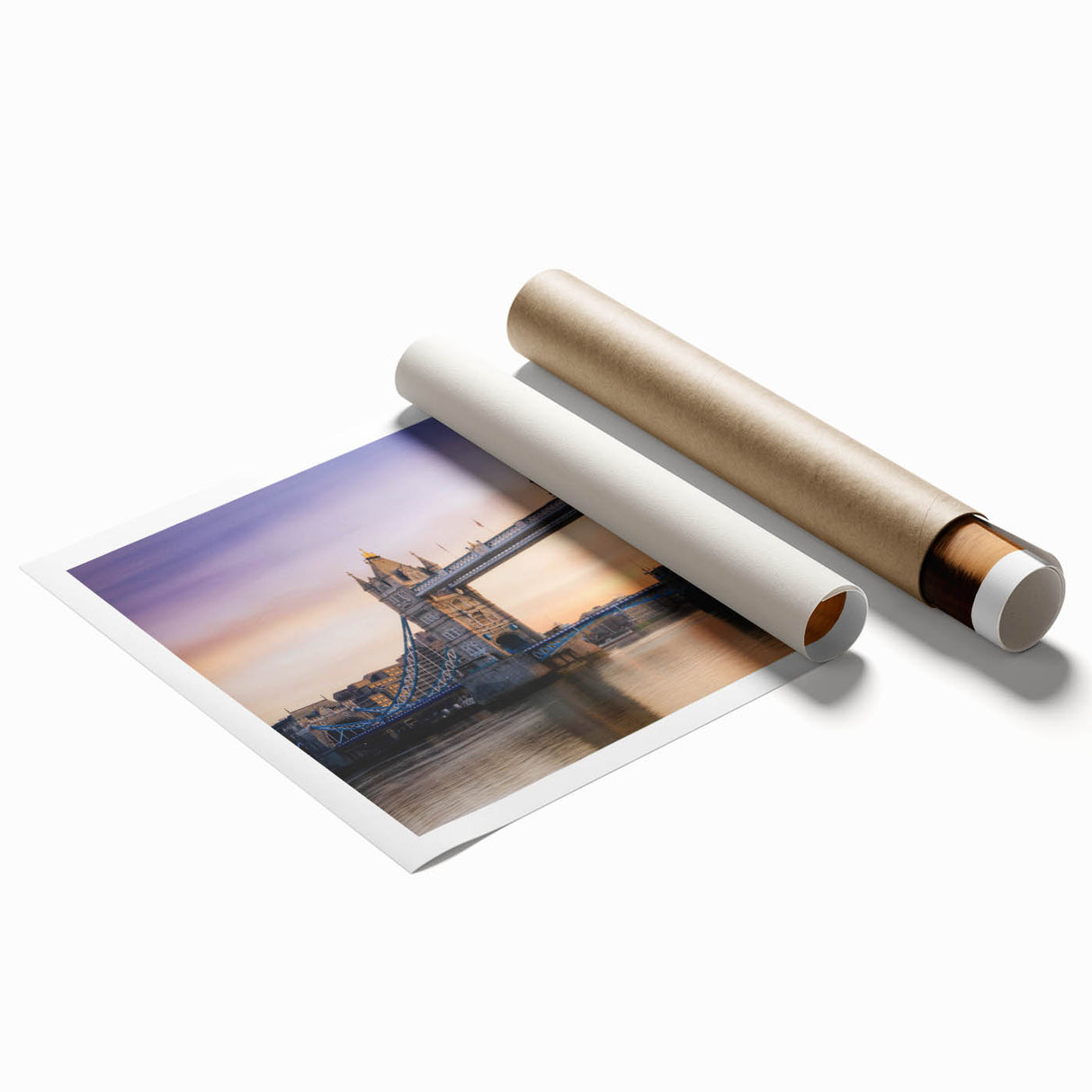 Extra large rolled print featuring the Thames River and floral accents in soft blue and green tones.