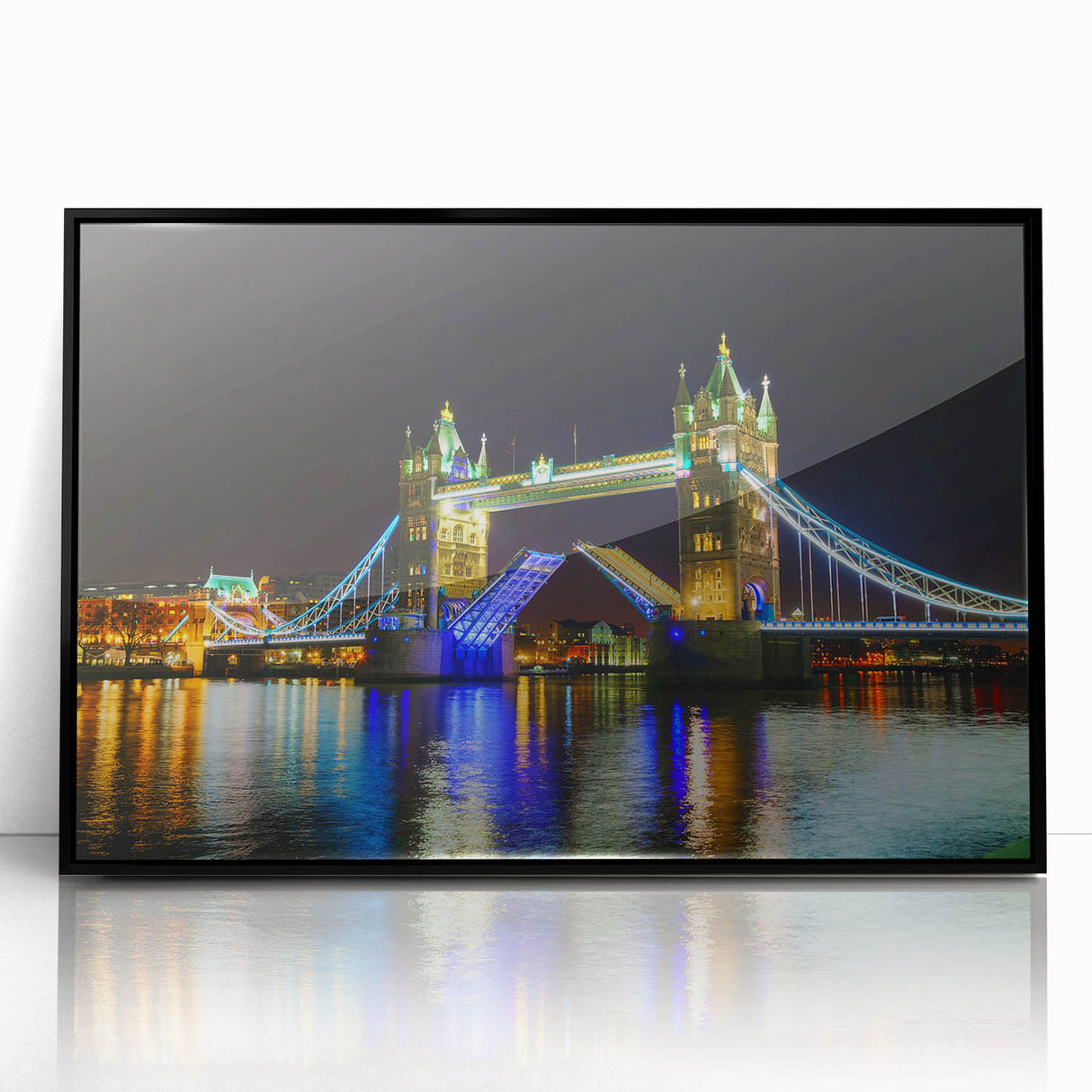 Large abstract wall art of Tower Bridge, in muted gray and blue tones on framed acrylic, ideal for modern living room decor.