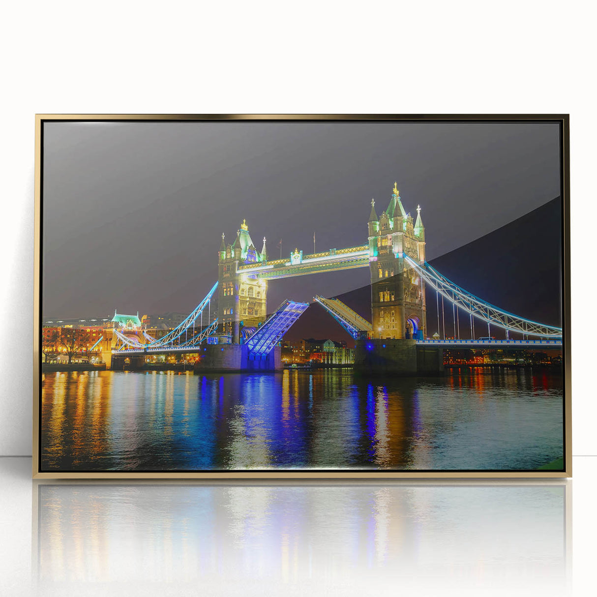 Acrylic print of Tower Bridge in muted gold and gray tones, in art deco style, suitable for modern art wall decor.