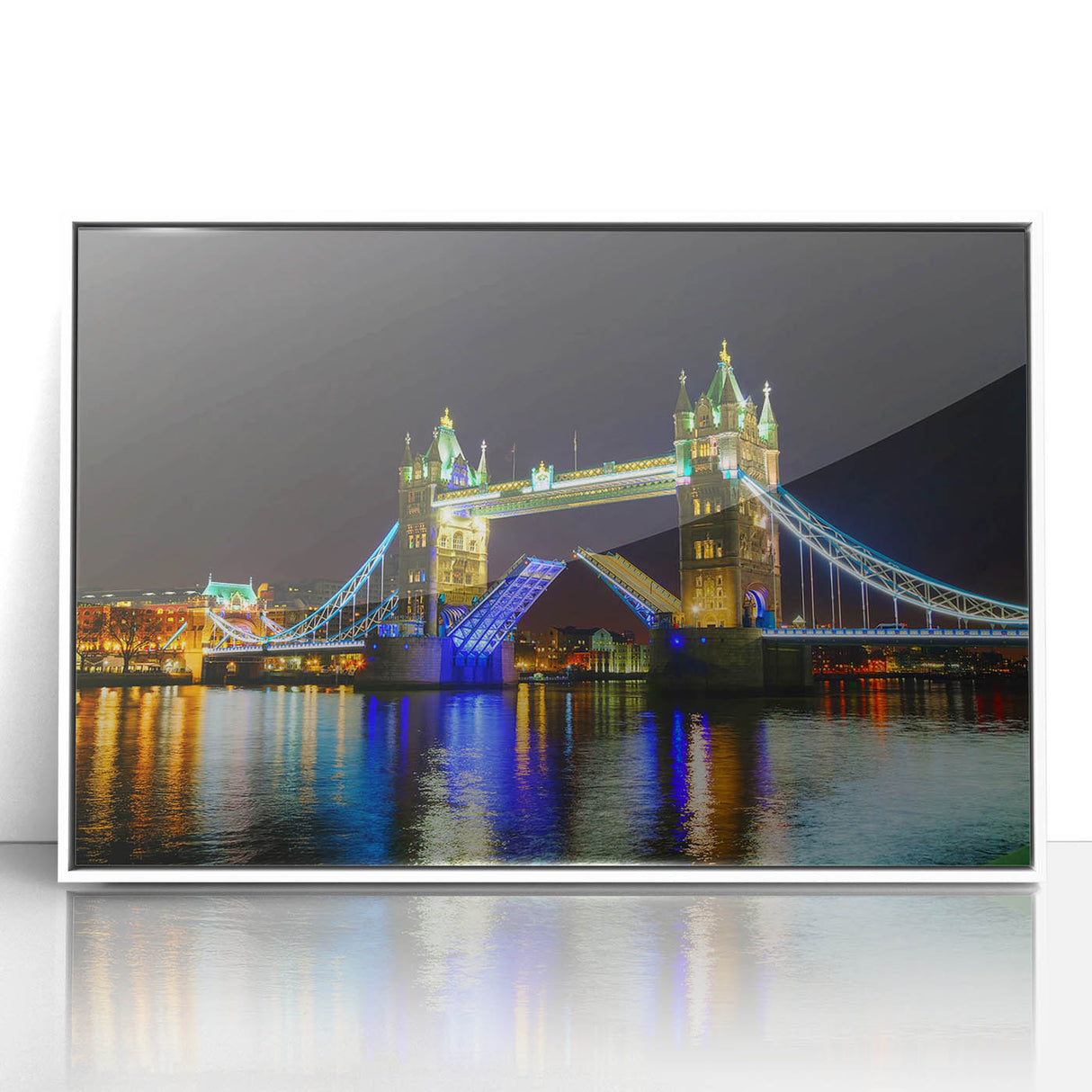 Acrylic print of Tower Bridge in muted gray and blue tones, framed, embodying mid-century modernist style.