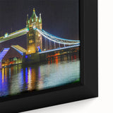 Black wall art featuring a textured depiction of Tower Bridge in vibrant colors on a large framed canvas.