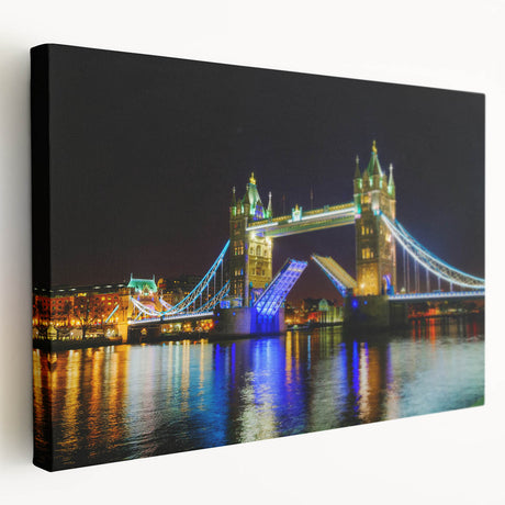 Side View of Tower Bridge on stretched canvas, depicted in muted blues and grays, suitable for kitchen wall art.