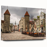 Acrylic print of a serene European landscape in muted green and blue tones, suitable for bedroom or dining room decor.