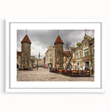 Textured abstract art print of a European scenery in muted earth tones on a white framed canvas, ideal for bedroom art.