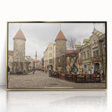 Art Deco poster of a European cityscape in gold and black tones, acrylic print framed, suitable for modern art wall decor.