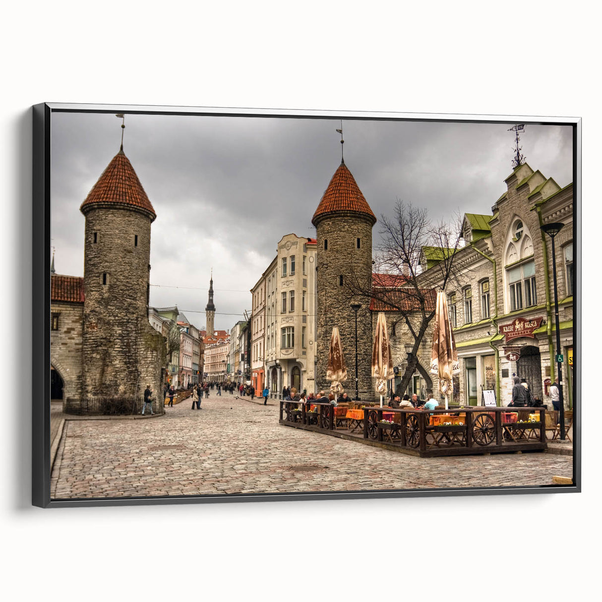Black and white landscape art painting of a European scene on framed canvas, ideal for bedroom wall decor.