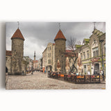 Black and white photo of a European cityscape on large stretched canvas.