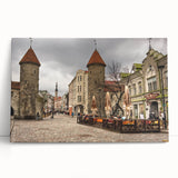 Large black and white stretched canvas of a European cityscape, ideal for kitchen wall art.