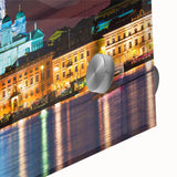 Large abstract wall art depicting a Finnish landscape in muted blue and green tones on acrylic glass.