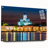 Acrylic print of a serene Finnish landscape in cool blue and green tones, suitable for bedroom or dining room decor.