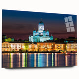 Large abstract wall art of a Finnish landscape in muted blues and greens on acrylic glass.