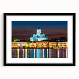 Abstract art print featuring textured, colorful art of a Finnish landscape on a large framed canvas.