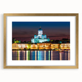 Abstract art print of a serene Finnish landscape in soft blue and gray tones, framed in gold, suitable for dining room decor.