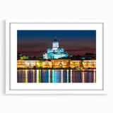 Textured abstract art print depicting a serene Finnish landscape in muted earth tones, framed with a white mat.