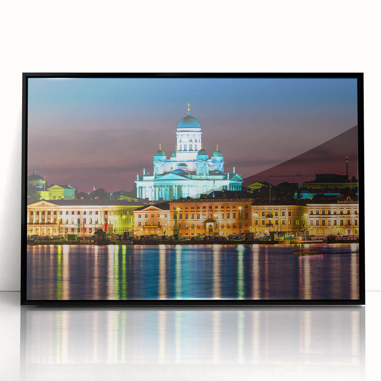 Large abstract wall art featuring a serene Finnish landscape in muted blue and green tones on a framed acrylic panel.