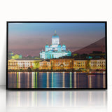 Large abstract wall art featuring a serene Finnish landscape in muted blue and green tones on a framed acrylic panel.