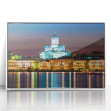 Mid-century modernist art depicting a serene Finnish landscape in muted green and blue tones, framed acrylic.