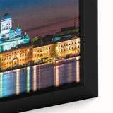 Extra large framed canvas featuring a textured depiction of a Finnish landscape in black with colorful accents.