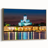 Framed canvas featuring a vintage-style landscape painting of a Finnish scenery in black and gold tones.