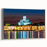 Framed canvas of a vintage Finnish landscape painting, featuring vibrant colors on a black background.
