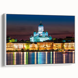 Vintage poster art of a scenic Finland landscape in vibrant colors on a large framed canvas, ideal for living room decor.