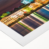 Art deco poster depicting a serene Finnish lakeside scene in muted blues and greens on rolled canvas.