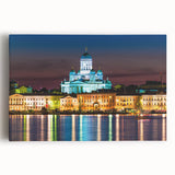 Black and white photograph of a serene Finnish landscape on stretched canvas, ideal for kitchen wall art or bedroom ambiance.