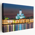Large art print of a serene Finnish landscape on stretched canvas, featuring cool blue and green tones.