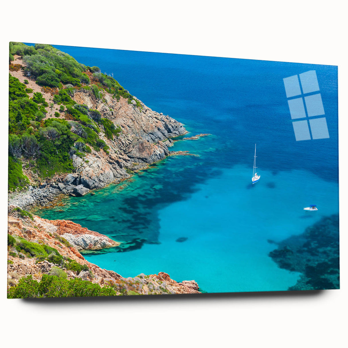 Large abstract wall art depicting a serene Corsican landscape in subdued earth tones on acrylic glass.
