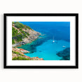 Extra large abstract art print of a colorful Corsican landscape on textured canvas, framed in black.