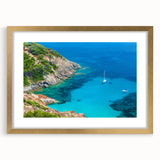 Abstract art print of a Corsican landscape in muted earth tones on a framed canvas, ideal for dining room decor.