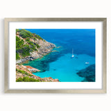 Extra large, textured abstract art print of Corsican scenery in muted earth tones, framed in silver.