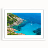 Textured abstract art print of a Corsican landscape in muted earth tones, framed with a white mat.