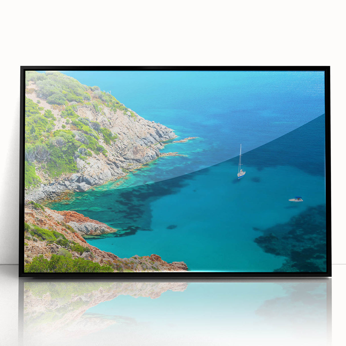 Large abstract wall art of Corsican landscape in muted blues and greens, acrylic print in black frame.