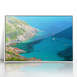 Mid-century modernist art of a Corsican landscape in pastel shades on framed acrylic, suitable for nursery wall decor.