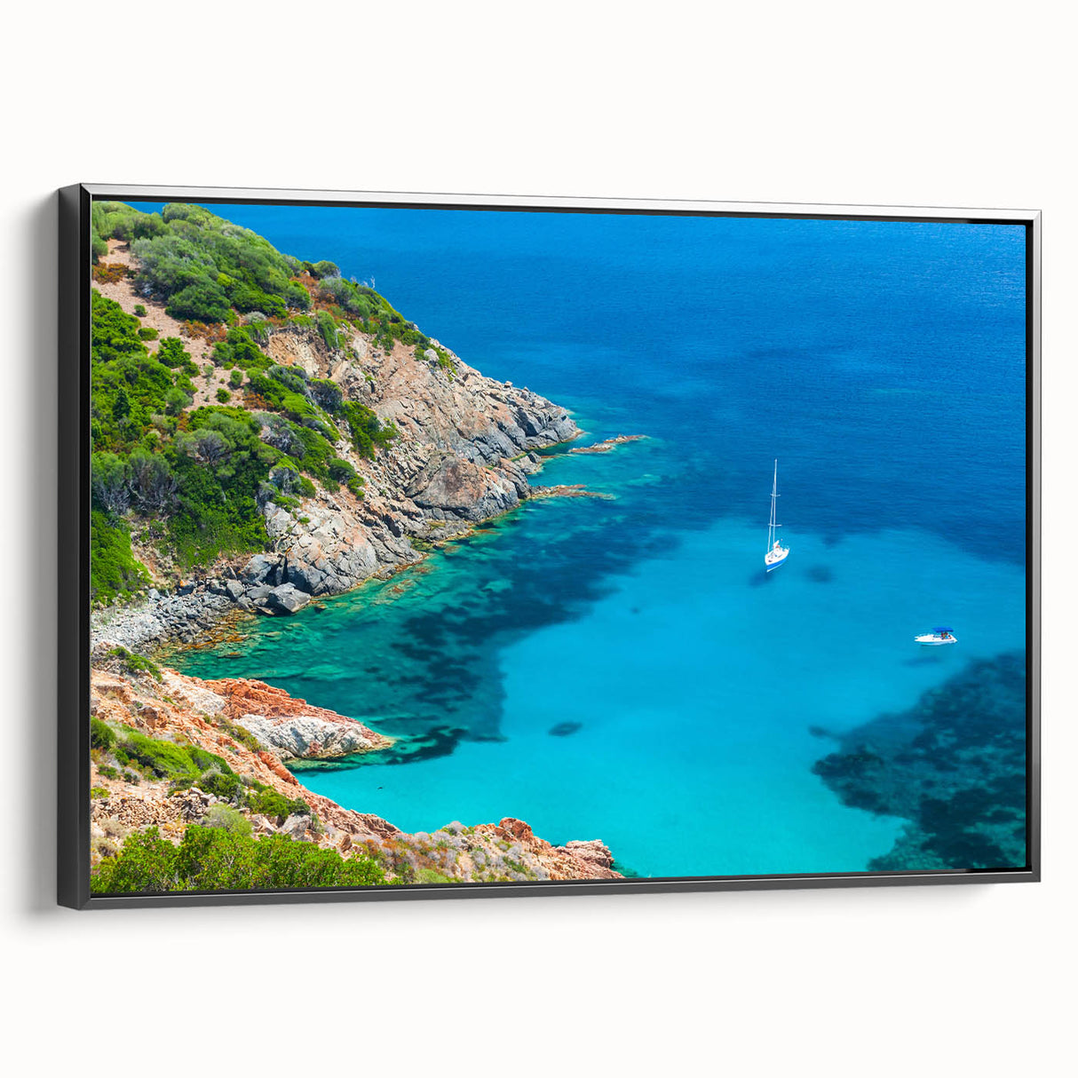Black and white wall art of a Corsican landscape on framed canvas, ideal for bedroom decor, featuring a vintage poster style.