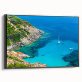 Black and white wall art of a Corsican landscape on framed canvas, ideal for bedroom decor, featuring a vintage poster style.