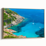 Framed canvas depicting a vintage-style Corsican landscape in muted earth tones, ideal for bedroom wall art.