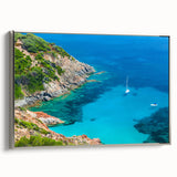 Landscape art painting of a Corsican scenery on framed canvas, featuring vibrant colors with silver frame.