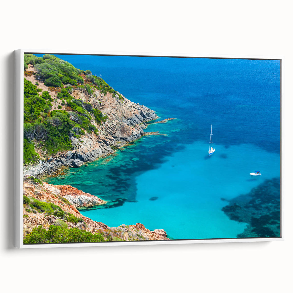 Vintage poster art of a Corsican landscape on extra large framed canvas, featuring colorful art against a black wall.