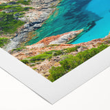 Art deco poster of a scenic Corsican landscape on rolled canvas, with vivid blue and green tones.