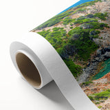 Art deco poster of Corsican landscape on rolled canvas, featuring muted earth tones, ideal for nursery wall art.