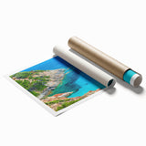 Extra large rolled print of a Corsican landscape with vibrant floral foreground, ideal for classy bathroom wall art.