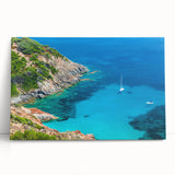 Black and white large art print of Corsica's coastal scenery on stretched canvas, ideal for kitchen wall art.