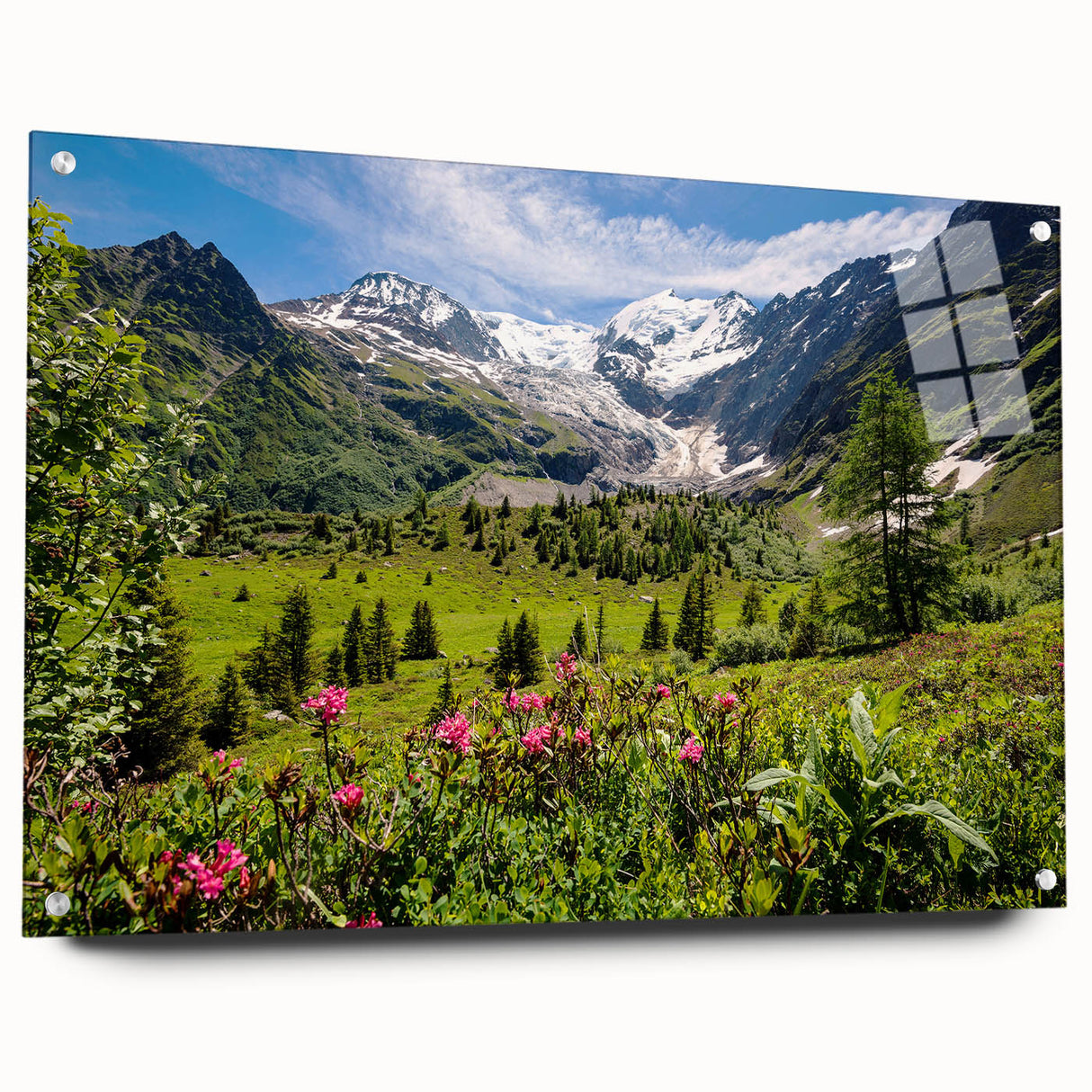 Acrylic print of the French Alps in muted blue and white tones, suitable for bedroom or dining room decor.
