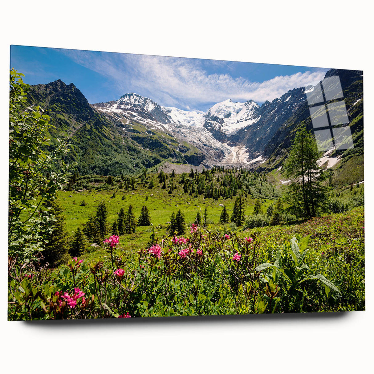Acrylic print of the French Alps in muted earth tones, ideal for bedroom or dining room art.