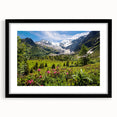 Extra large abstract art print of French Alps in vibrant colors on textured canvas, framed in black.